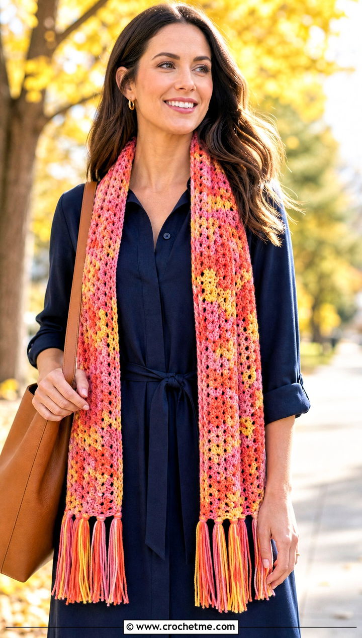 Fringed Variegated Crochet Scarf With Shirt Dress - 25 Variegated Yarn Crochet Scarf outfit ideas
