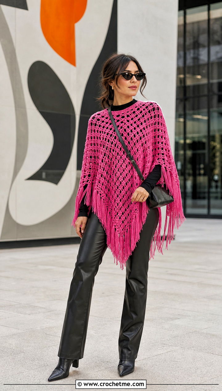 Fringed Vintage Crochet Poncho With Leather Pants - 15 Vintage Crochet Poncho outfit ideas