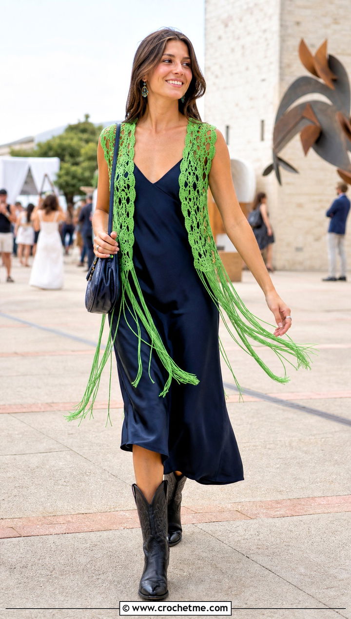 Fringed Vintage Crochet Vest With Slip Dress - 25 Vintage Crochet Vest outfit ideas