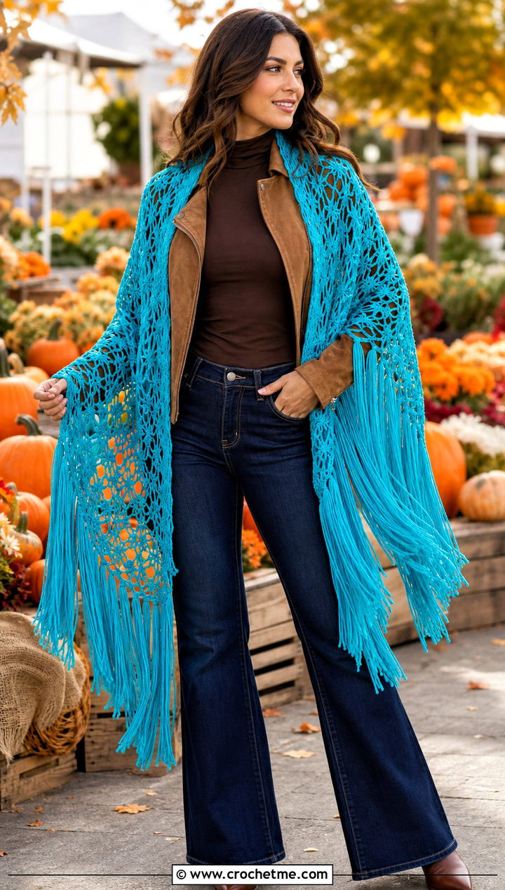 Fringed Virus Shawl With Flared Jeans - 35 crochet virus shawl outfit ideas