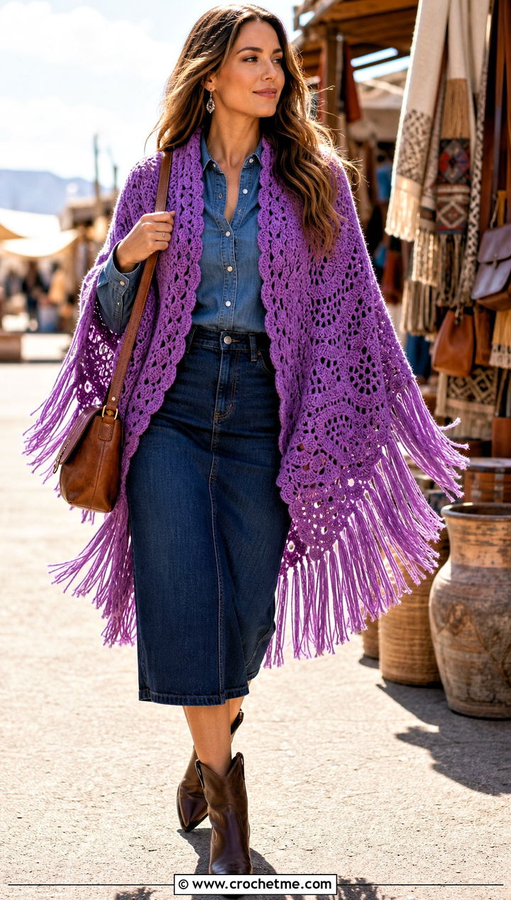 Fringed Virus Shawl With Western Shirt And Denim Skirt - 15 crochet virus shawls outfit ideas