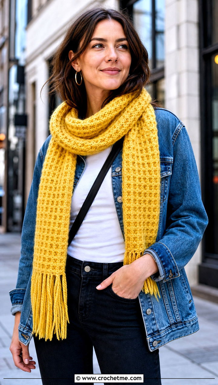 Fringed Waffle Crochet Scarf With Denim Jacket - 25 Waffle Crochet Scarf outfit ideas