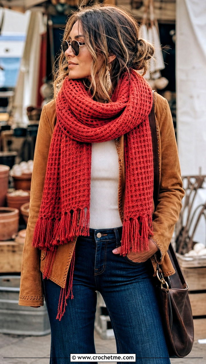 Fringed Waffle Stitch Crochet Scarf With Suede Jacket - 30 waffle stitch crochet scarf outfit ideas