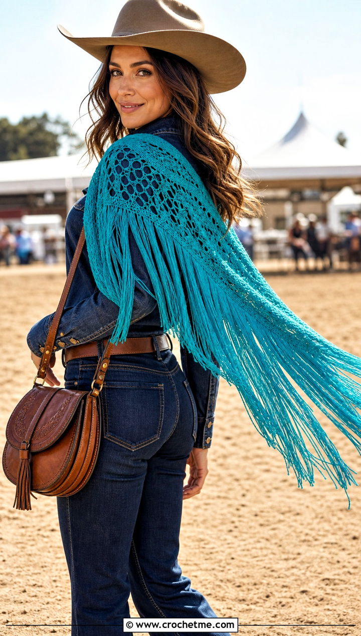 Fringed Wingspan Shawl With Western Denim Outfit - 15 Crochet Wingspan Shawl outfit ideas