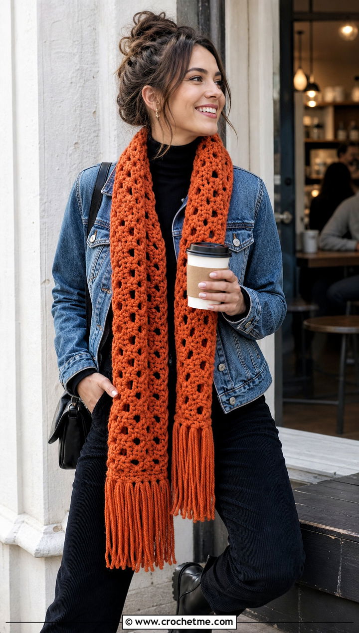Fringed Winter Wishes Crochet Scarf With Denim Jacket - 15 Winter Wishes Crochet Scarf outfit ideas