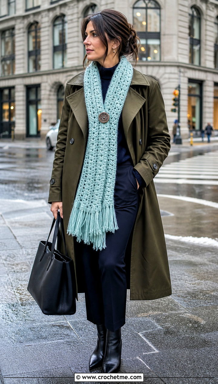 Fringed Winter Wishes Crochet Scarf With Trench Coat - 15 Winter Wishes Crochet Scarf outfit ideas