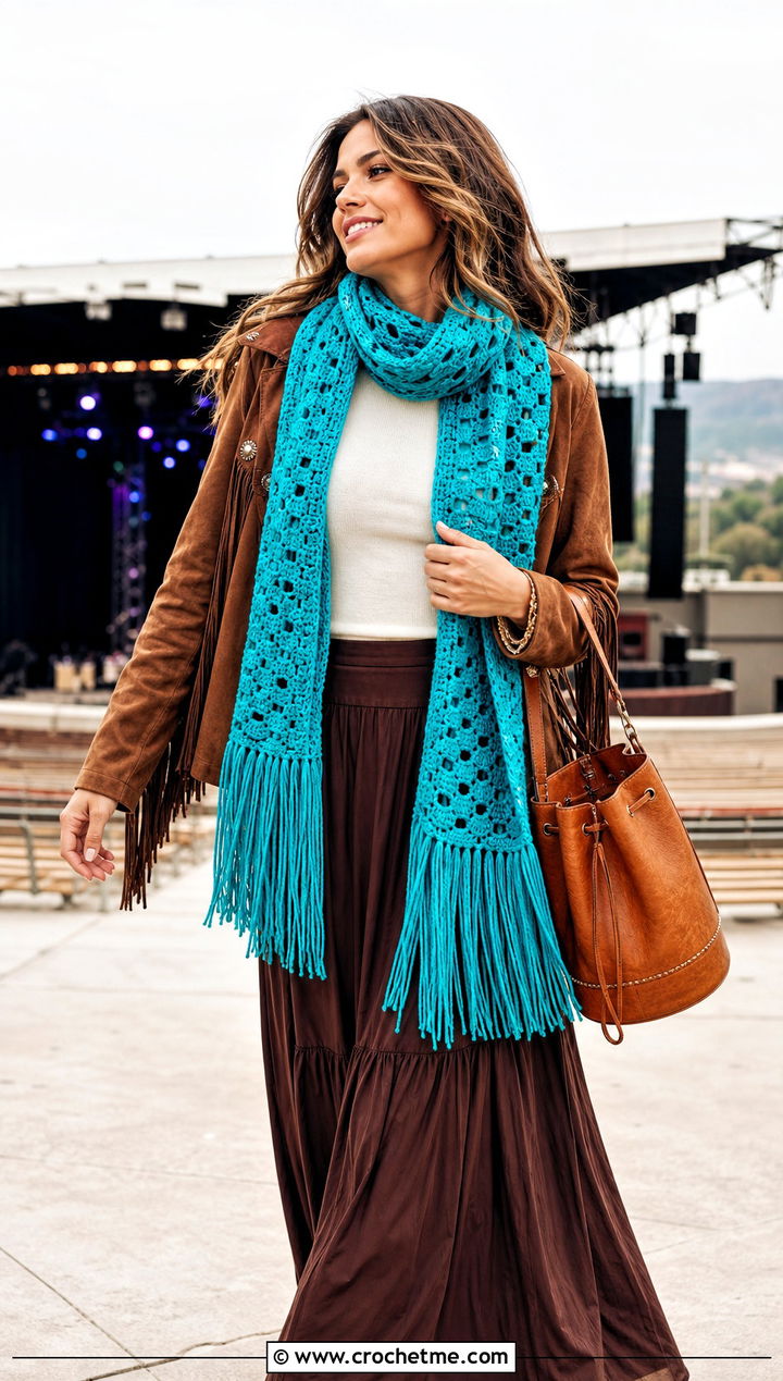 Fringed Worsted Weight Crochet Scarf With Suede Jacket - 20 Crochet Scarf Worsted Weight Yarn outfit ideas