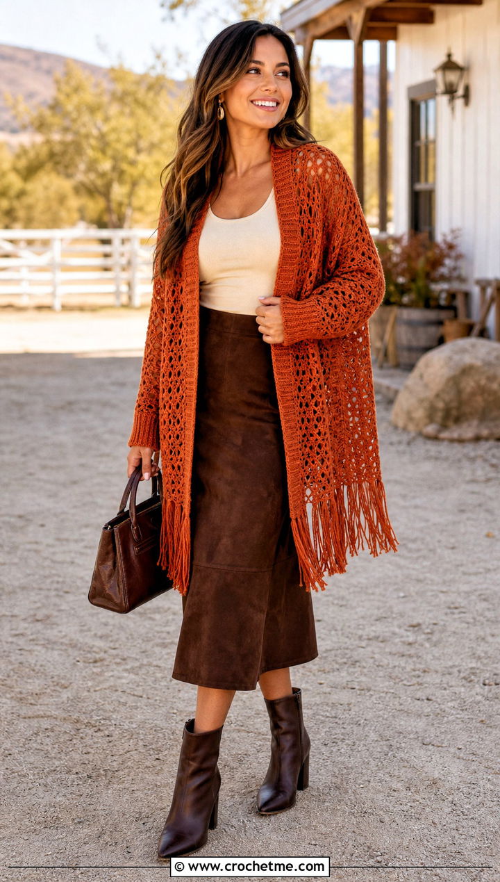 Fringed Wrap Crochet Cardigan With Suede Skirt - 30 wrap crochet cardigan outfit ideas