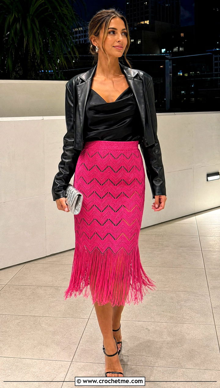Fringed Zigzag Midi Skirt With Satin Camisole - 15 crochet zigzag skirt outfit ideas