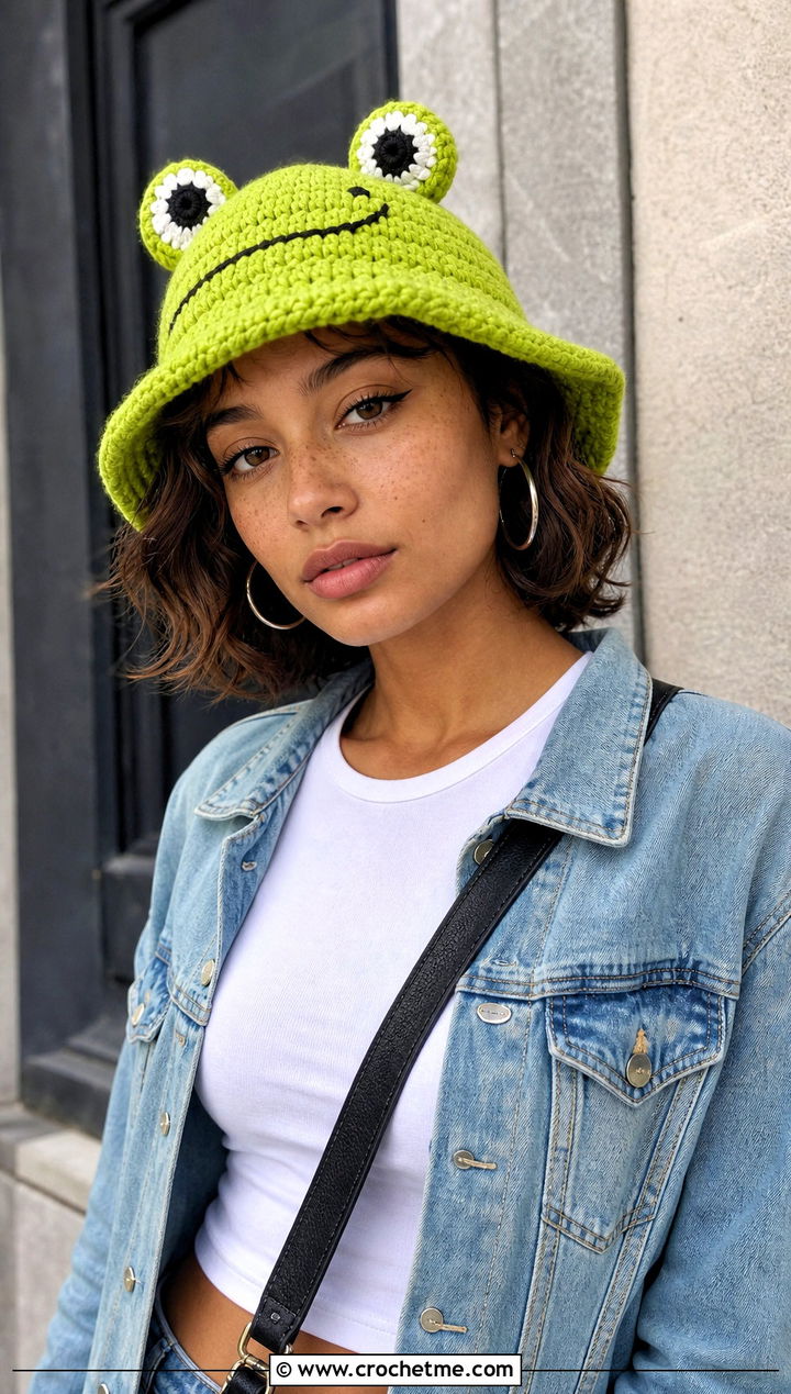 Frog Crochet Bucket Hat With Baggy Jeans - 30 crochet funny hats outfit ideas