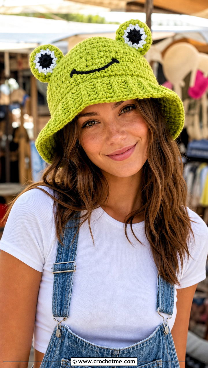 Frog Crochet Bucket Hat With Denim Overalls - 30 funny crochet hat outfit ideas
