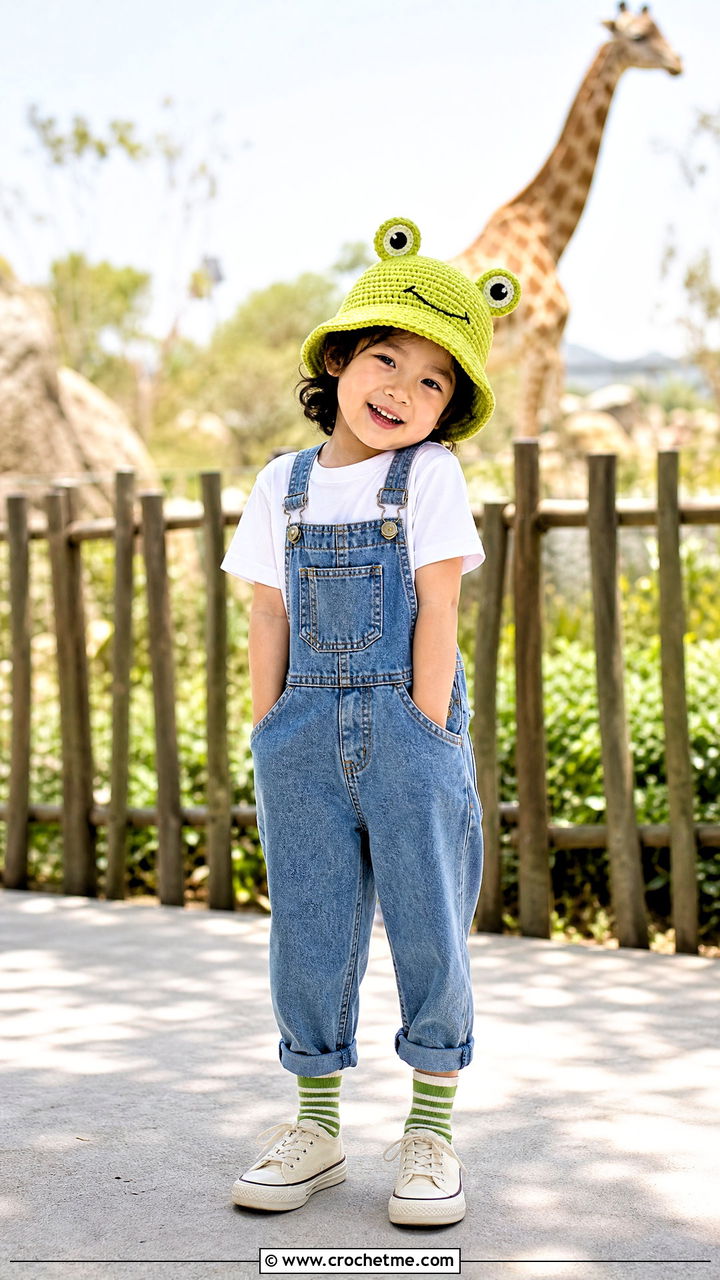 Frog Crochet Bucket Hat With Overalls - 35 childrens crochet hats outfit ideas