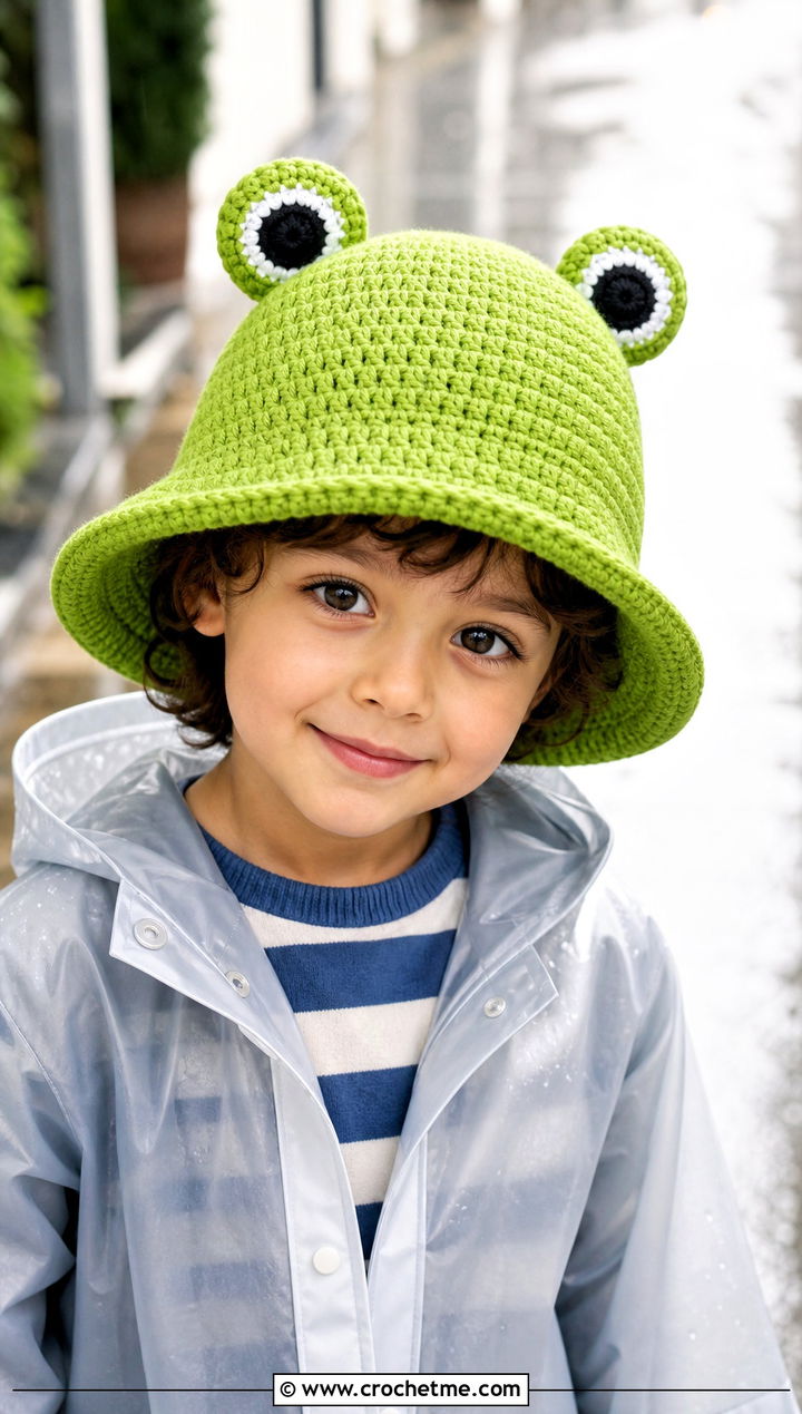 Frog Crochet Bucket Hat With Raincoat - 25 crochet childs hat outfit ideas