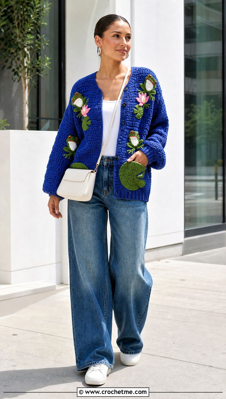Frog Crochet Cardigan With Wide Leg Jeans - 20 Funny Crochet Clothes and outfit ideas