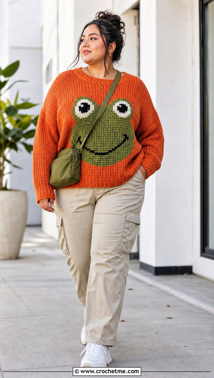 Frog Crochet Character Sweater With Cargo Pants - 20 Crochet Character Sweater outfit ideas