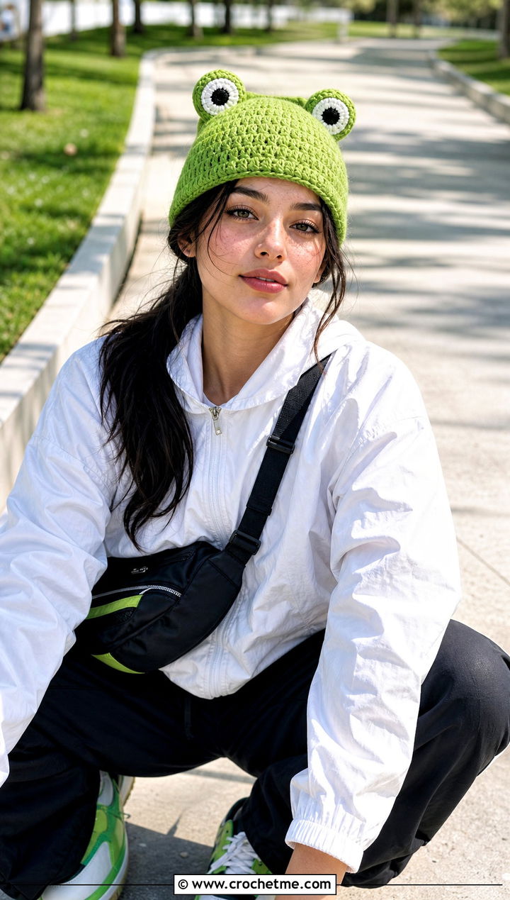 Frog Crochet Hat With Track Pants - 20 Kawaii Crochet Hat outfit ideas