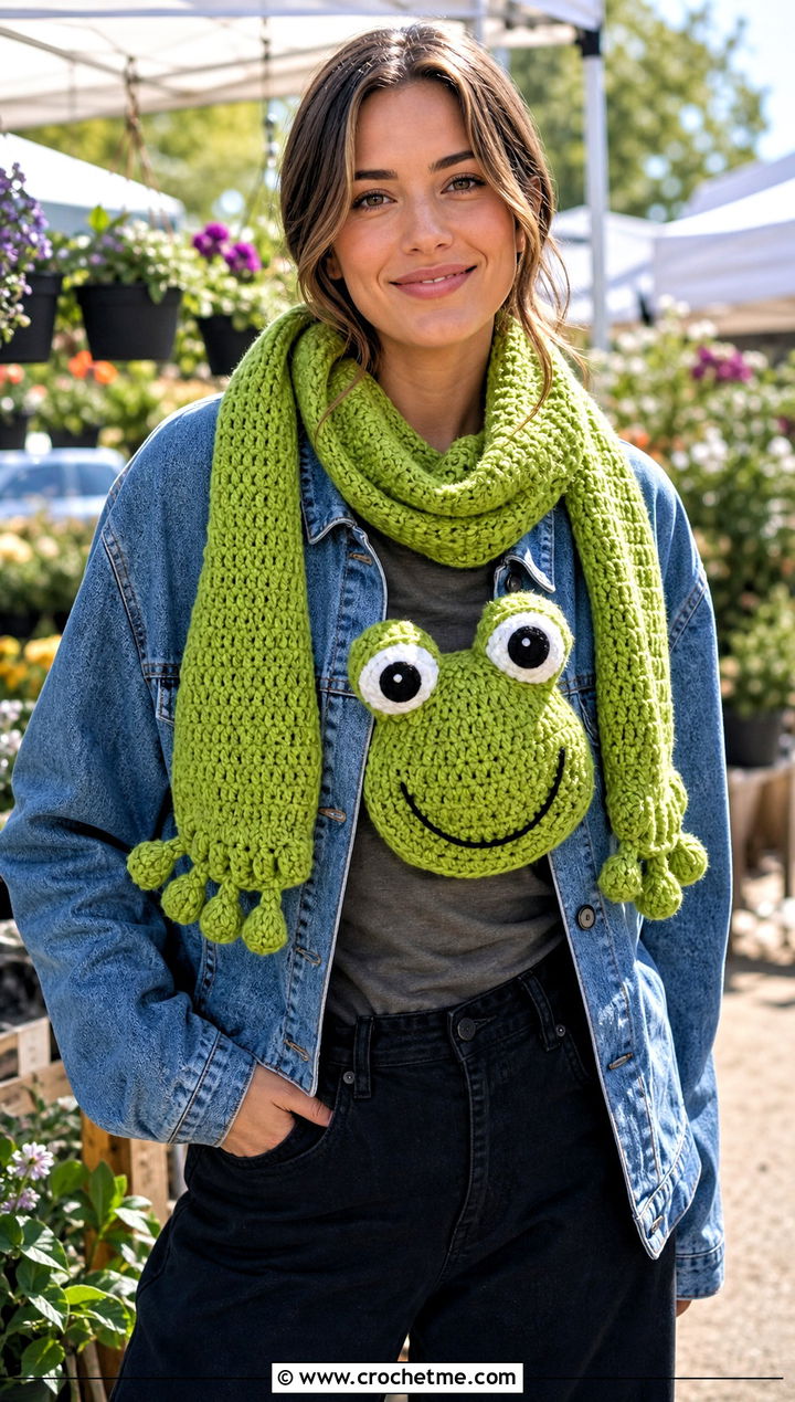 Frog Crochet Scarf With Denim Jacket - 15 Funny Crochet Scarves outfit ideas