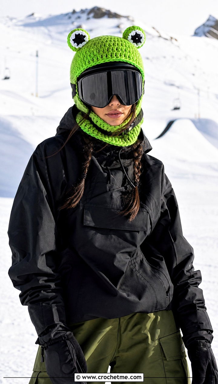 Frog Crochet Ski Helmet Balaclava With Green Snowboard Outfit - 15 crochet ski helmet balaclava outfit ideas