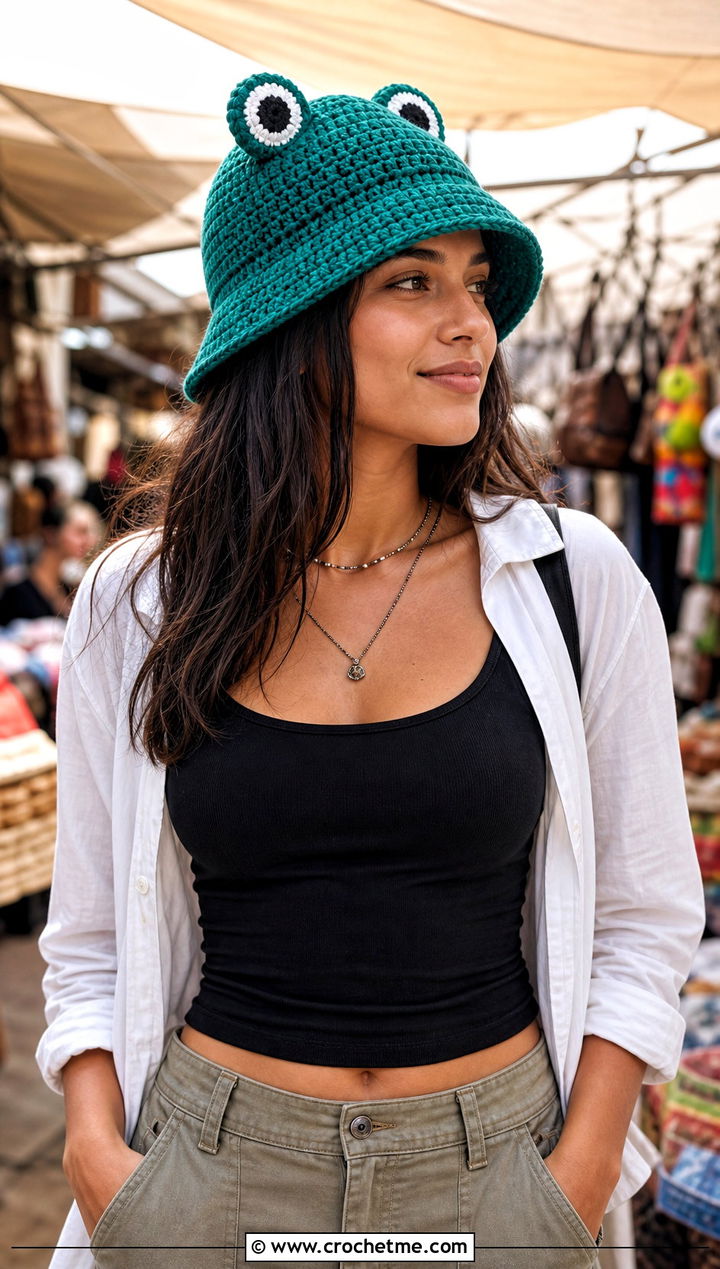 Frog Eye Crochet Bucket Hat With Cargo Pants - 25 Weird Crochet Hat outfit ideas