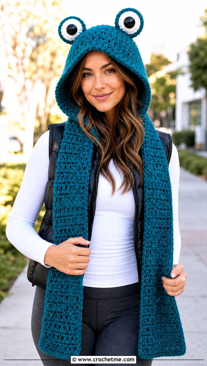 Frog Hooded Crochet Scarf With Puffer Vest - 15 Funny Crochet Scarf outfit ideas