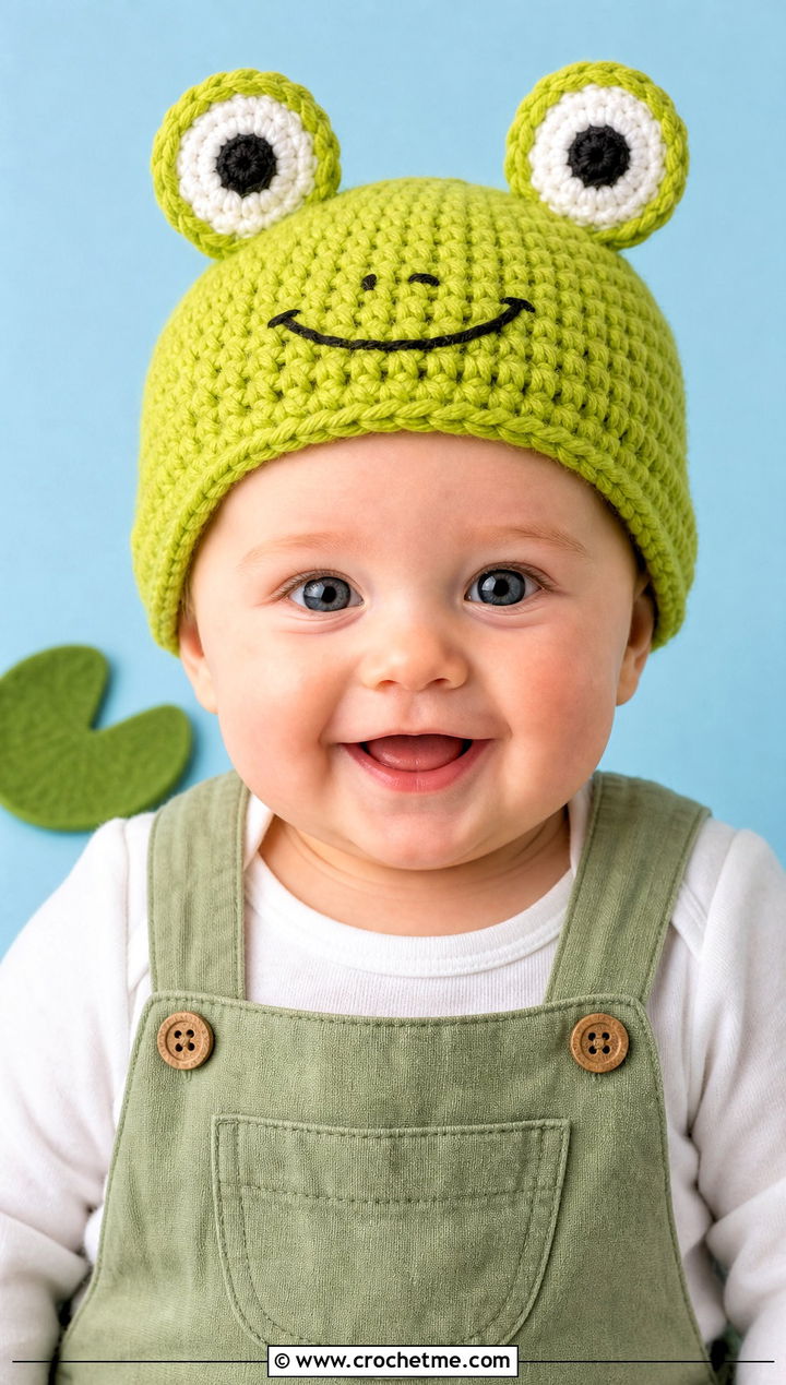 Frog Photo Prop Crochet Hat With Green Dungarees - 15 Photo Prop Crochet Hat outfit ideas