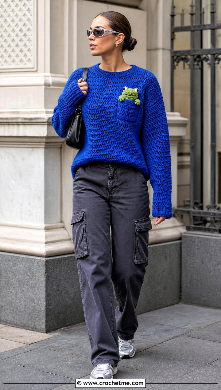 Frog Pocket Amigurumi Sweater With Cargo Pants - 30 amigurumi sweater outfit ideas