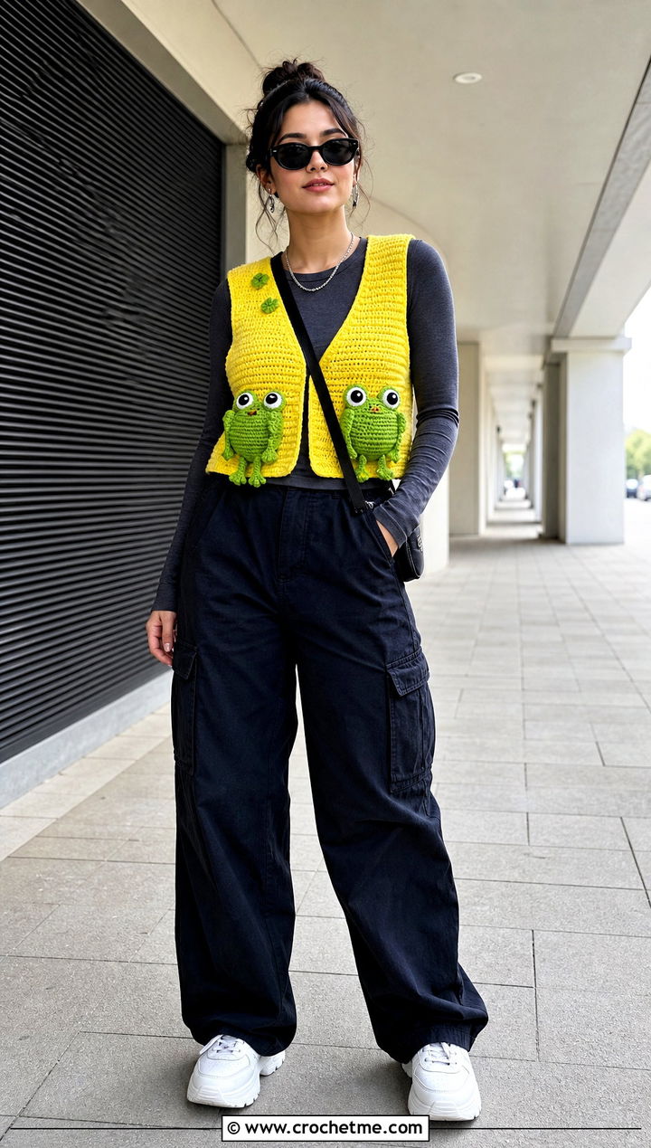 Frog Pocket Crochet Amigurumi Vest With Cargo Pants - 15 Crochet Amigurumi Vest outfit ideas