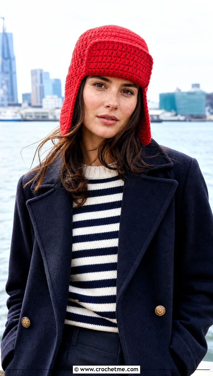 Front Flap Crochet Aviator Hat With Peacoat - 30 crochet aviator hat outfit ideas