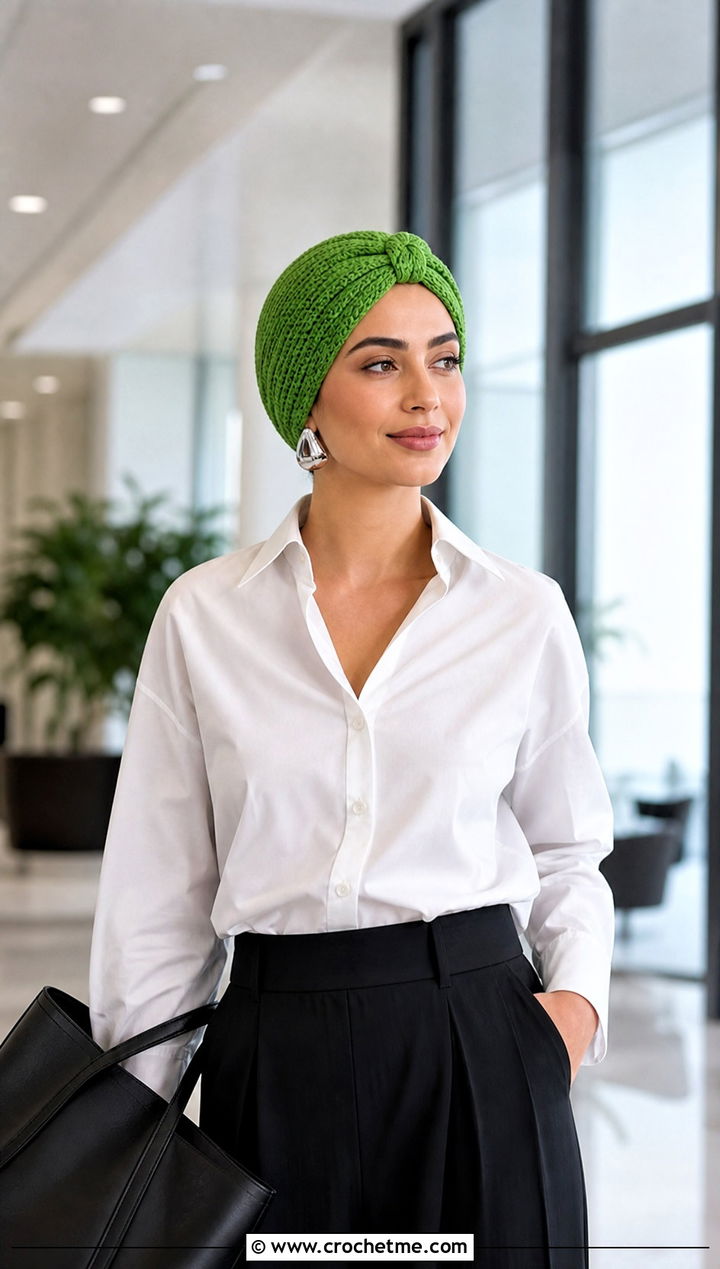 Front Knot Crochet Chemo Turban With Wide Leg Trousers - 30 crochet chemo hat outfit ideas
