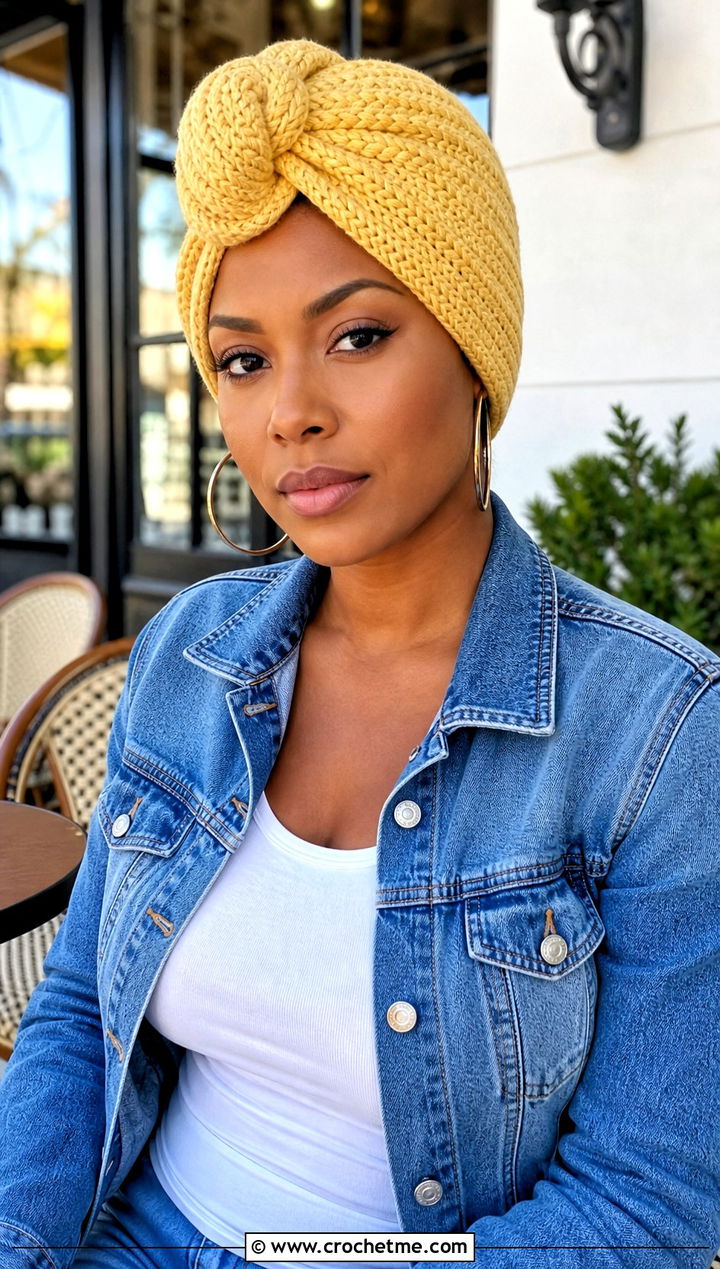 Front Knot Crochet Turban Hat With Denim Jacket - 15 crochet turban style hat outfit ideas