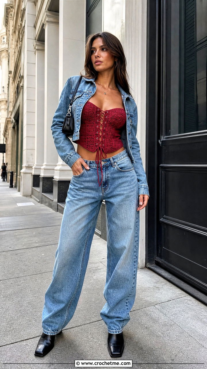 Front Lace Up Crochet Corset Top With Baggy Jeans Front Lace Up Crochet Corset Top With Baggy Jeans