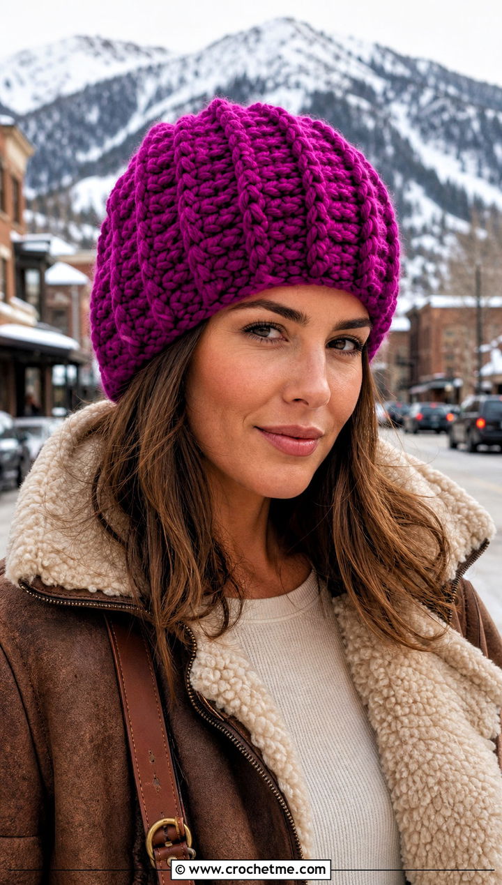 Front Post Bulky Crochet Beanie With Shearling Jacket - 30 bulky crochet beanie outfit ideas