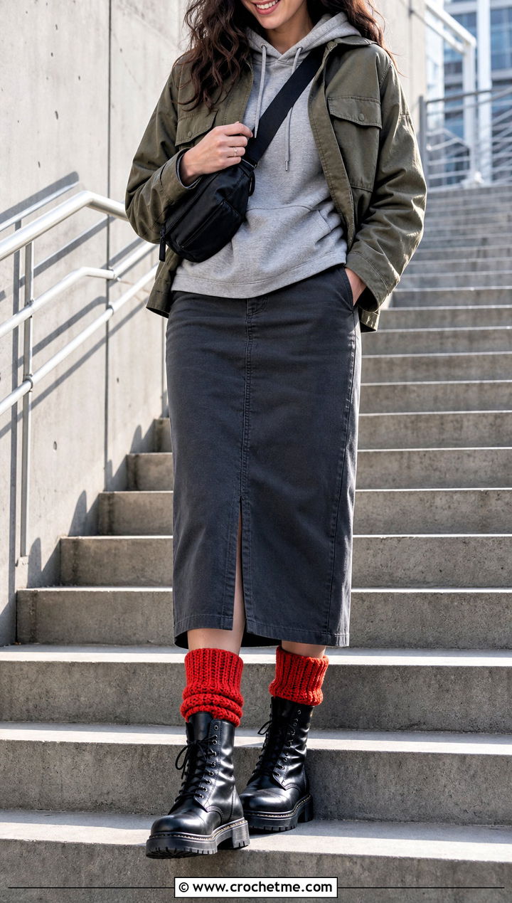 Front Post Crochet Boot Cuffs With Hoodie And Midi Skirt - 35 crochet boot cuffs outfit ideas