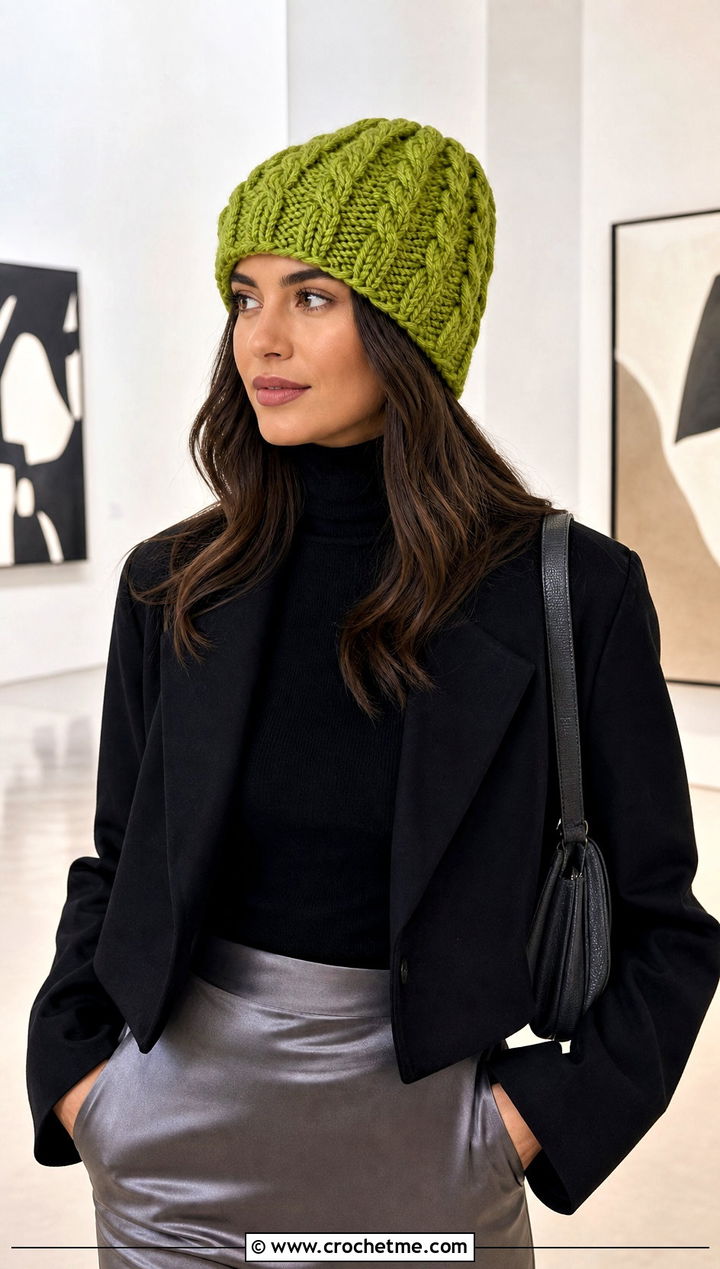 Front Post Double Crochet Cable Beanie With Satin Skirt - 15 Front Post Double Crochet Hat outfit ideas