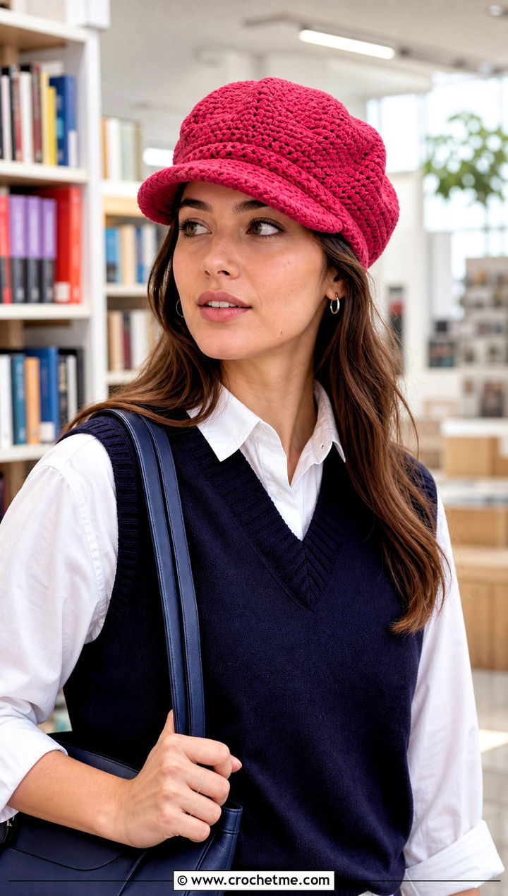 Front Post Double Crochet Newsboy Cap With Sweater Vest - 15 Front Post Double Crochet Hat outfit ideas