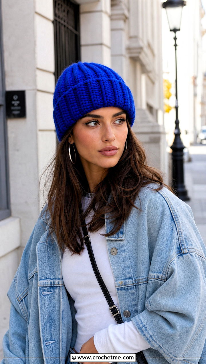 Front Post Double Crochet Ribbed Beanie With Denim Jacket - 15 Front Post Double Crochet Hat outfit ideas