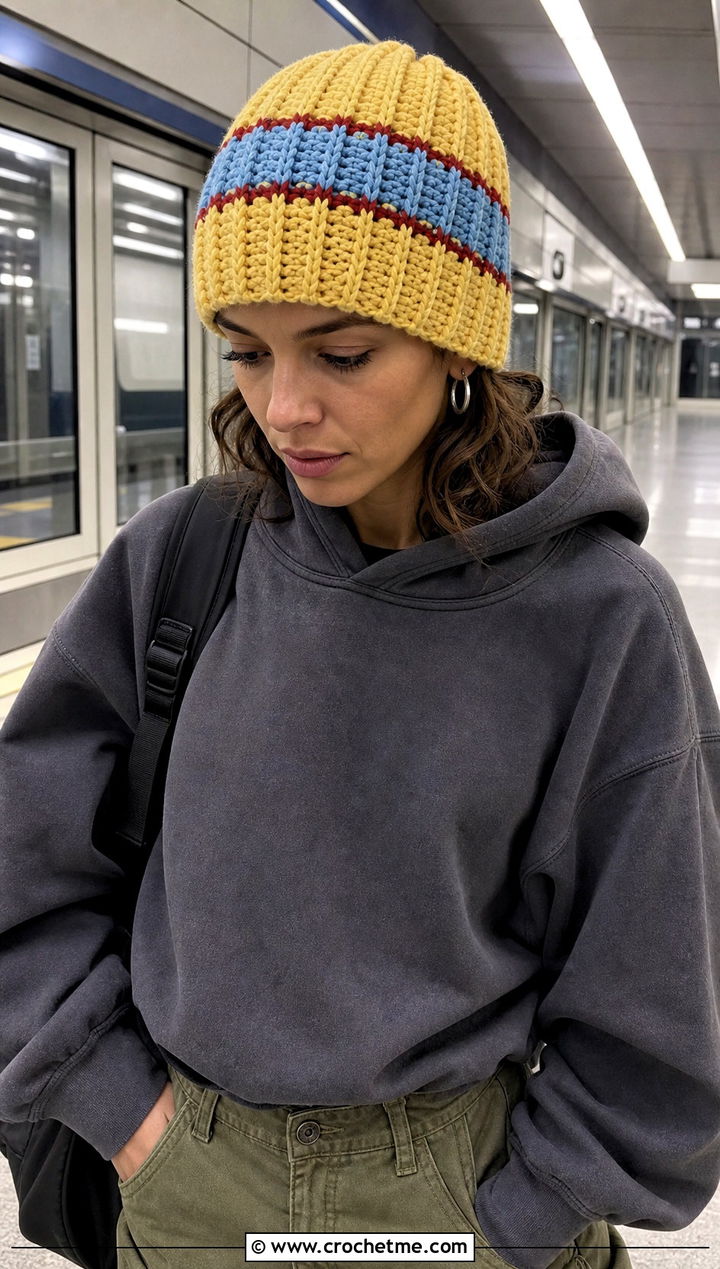 Front Post Double Crochet Striped Beanie With Cargo Pants - 15 Front Post Double Crochet Hat outfit ideas