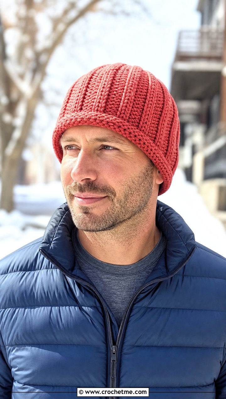 Front Post Ribbed Crochet Chemo Cap With Puffer Jacket - 25 Crochet Chemo Caps For Men outfit ideas