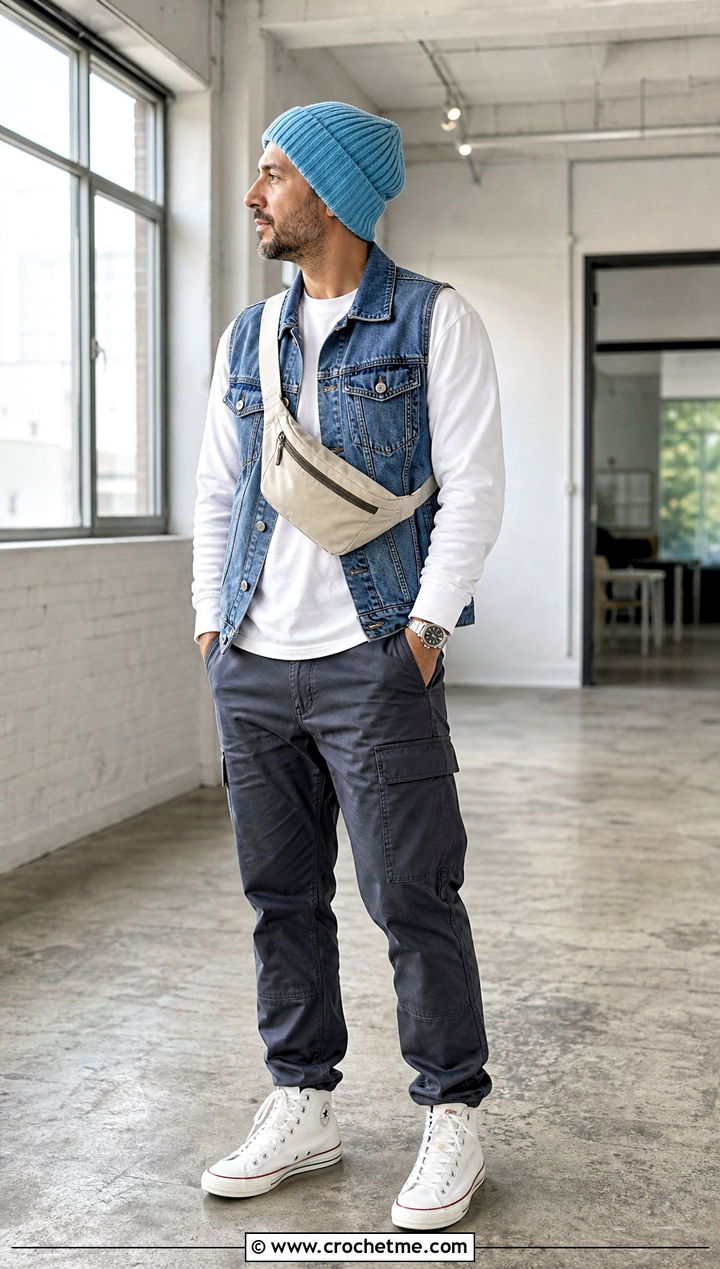 Front Post Ribbed Slouchy Beanie With Denim Vest - 35 Crochet Slouchy Hat Mens Slouch Beanie outfit ideas