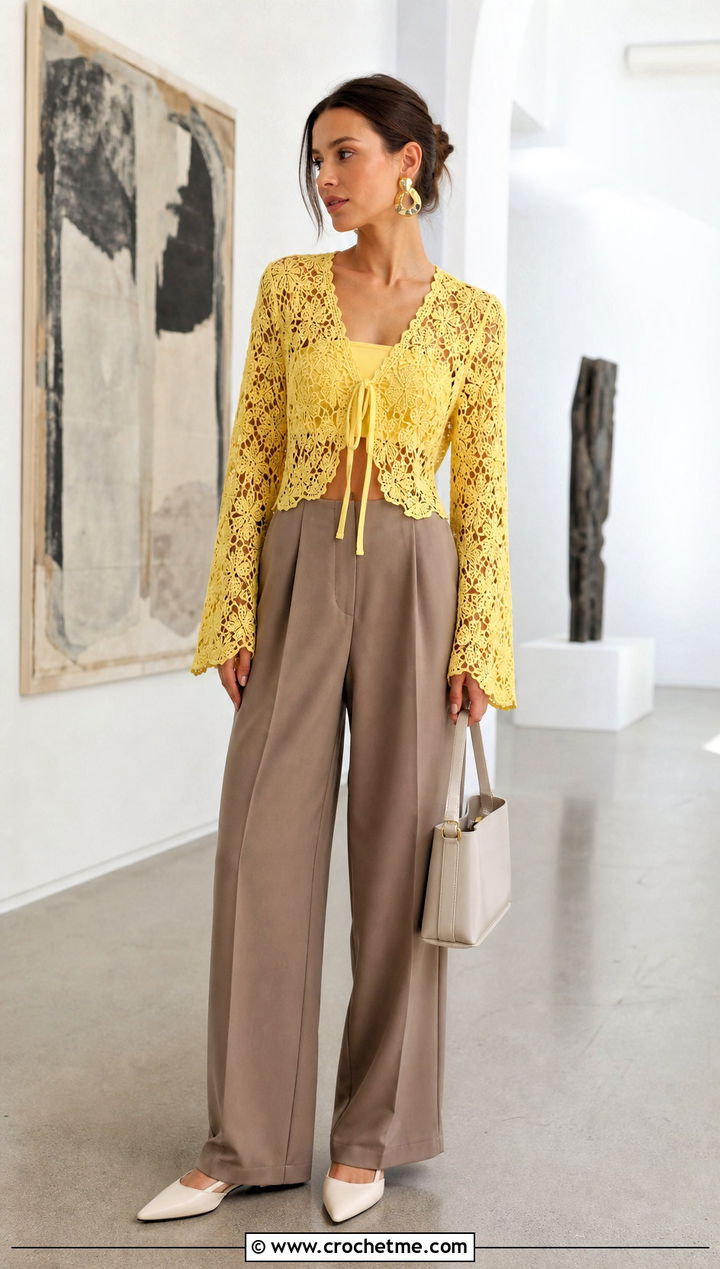 Front Tie Crochet Butterfly Lace Top With Tailored Trousers - 30 crochet butterfly lace top outfit ideas