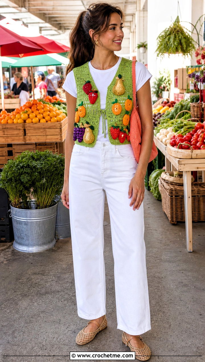 Fruit Basket Crochet Amigurumi Vest With White Denim - 15 Crochet Amigurumi Vest outfit ideas