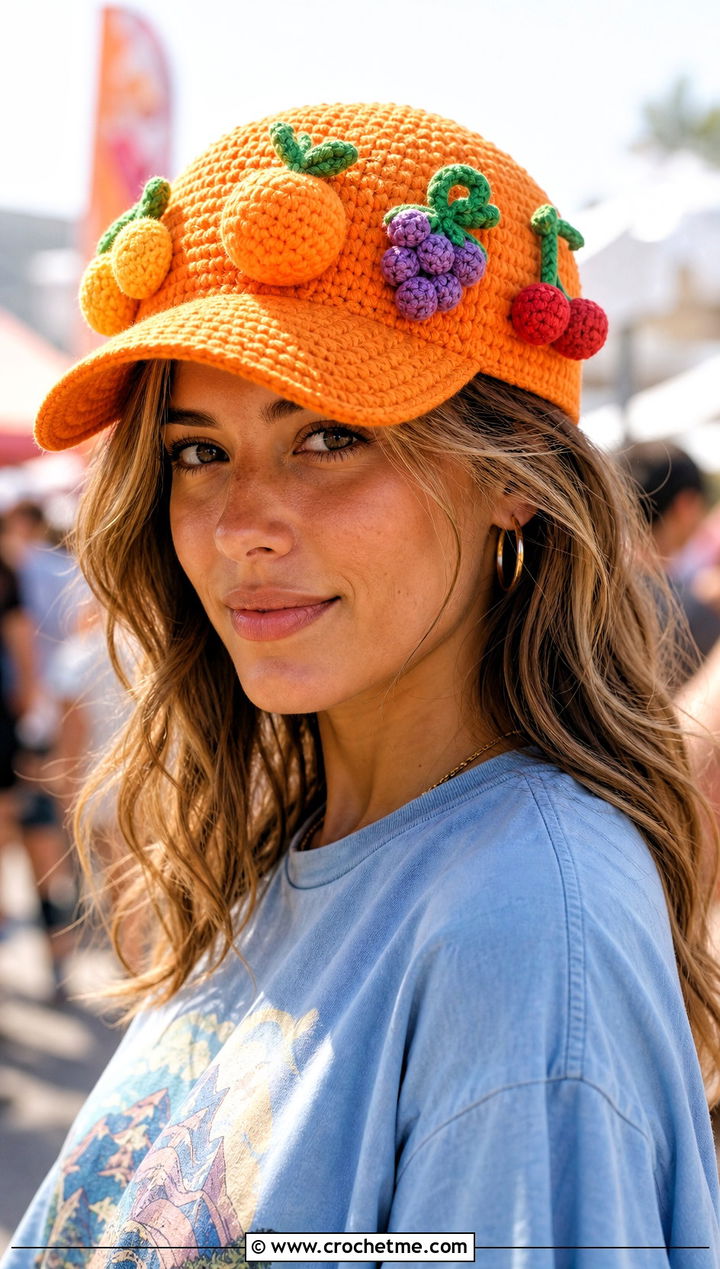 Fruit Charm Amigurumi Baseball Cap With Graphic Tee - 25 amigurumi baseball cap outfit ideas
