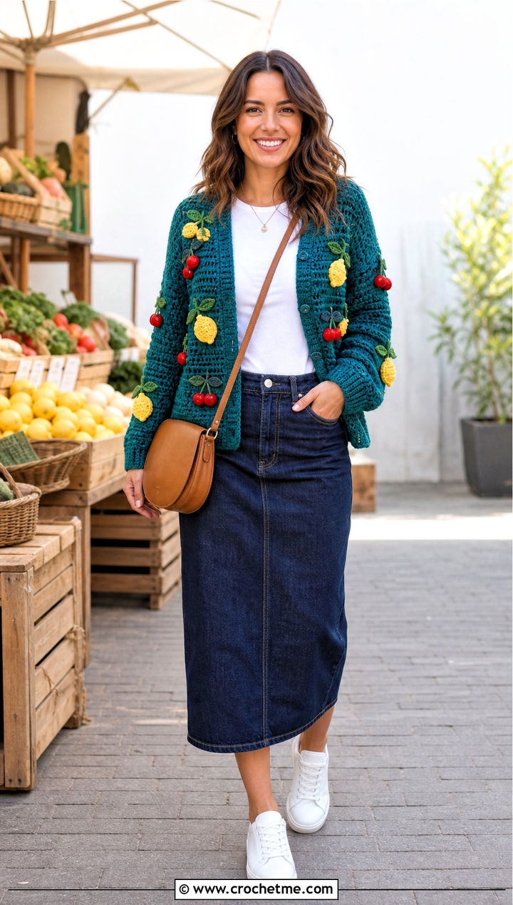 Fruit Crochet Cardigan With Denim Midi Skirt - 25 weird crochet clothes and outfit ideas