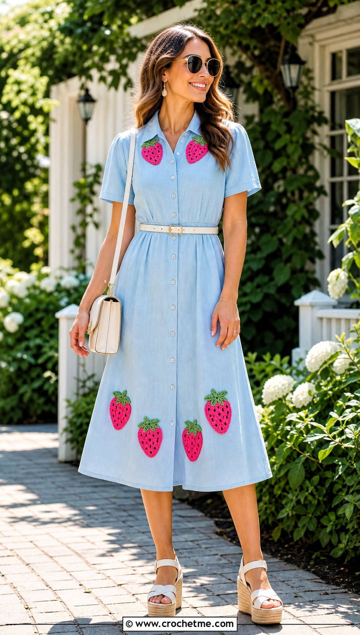 Fruit Crochet Patch Button Down Dress Outfit - 30 crochet patches on clothes and outfit ideas
