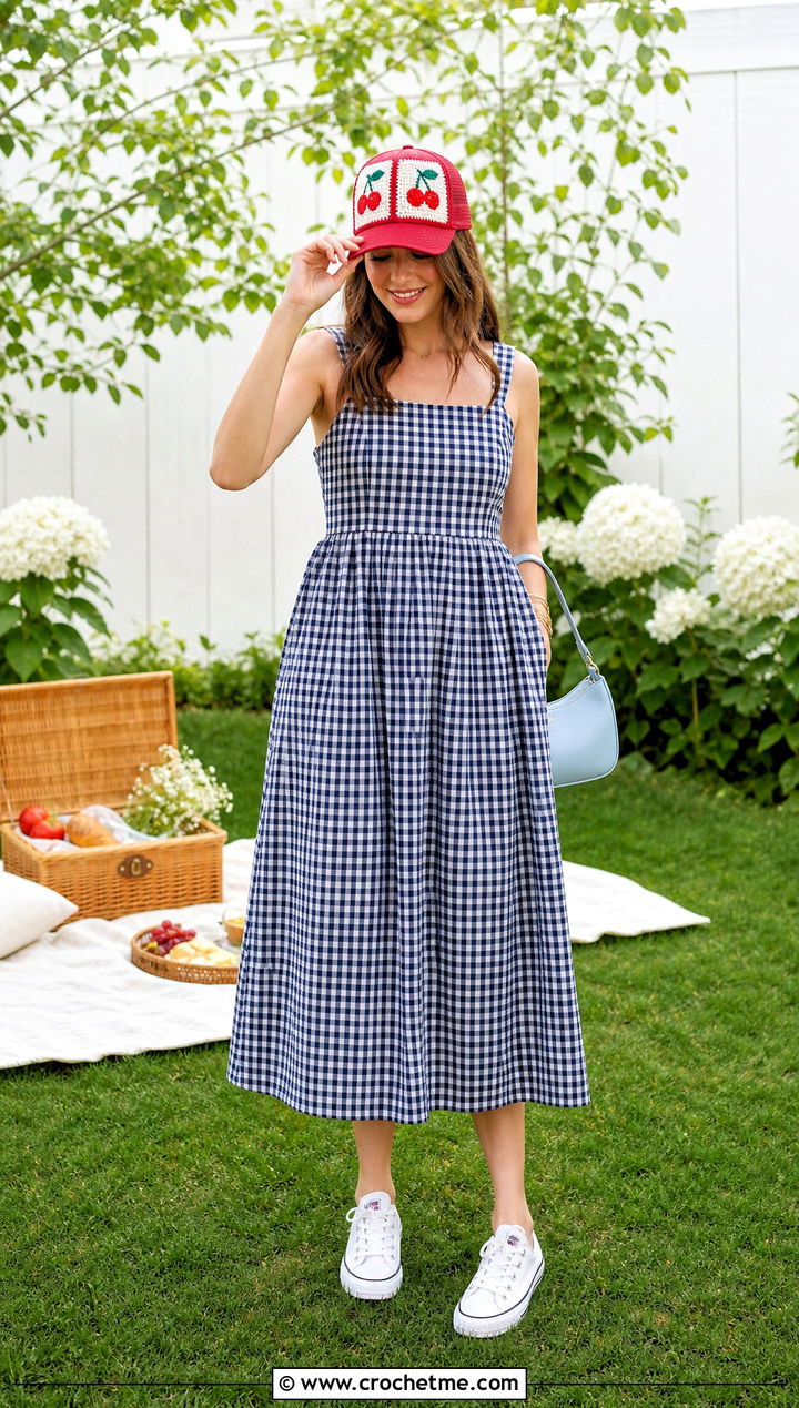 Fruit Granny Square Trucker Hat With Gingham Dress - 35 granny square trucker hat outfit ideas