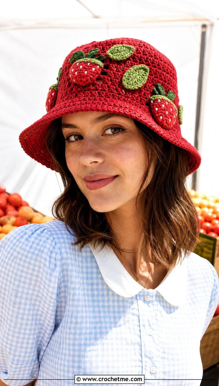 Fruit Motif Crochet Bucket Hat With Gingham Outfit - 25 crocheting bucket hat outfit ideas
