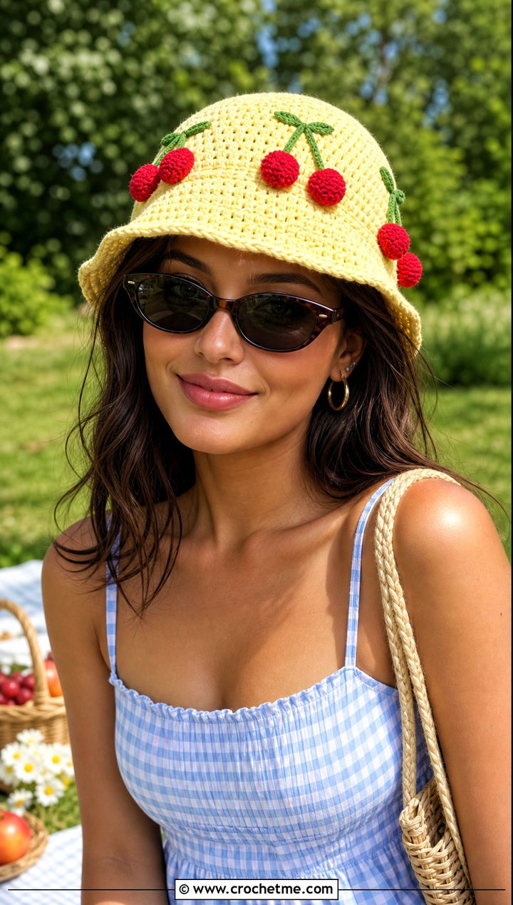 Fruit Motif Crochet Bucket Hat With Gingham Sundress - 30 summer crochet bucket hat outfit ideas