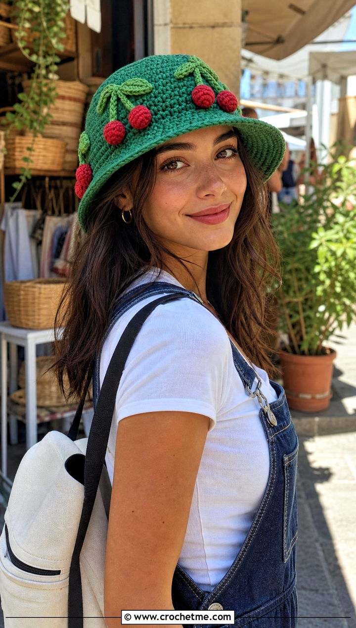Fruit Motif Crochet Bucket Hat With Overalls - 25 crochet bucket hat ideas