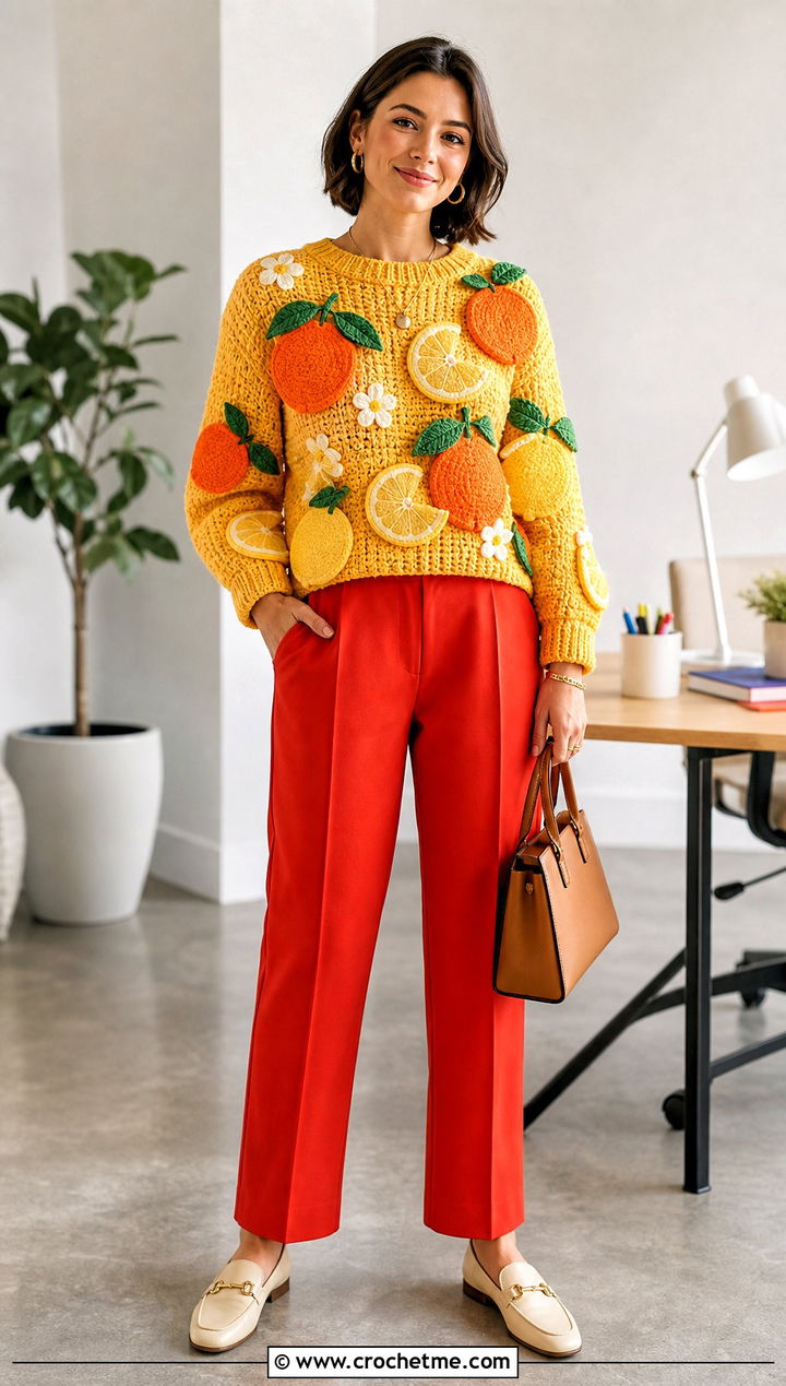 Fruit Motif Crochet Graphic Sweater With Red Trousers - 30 crochet graphic sweater outfit ideas
