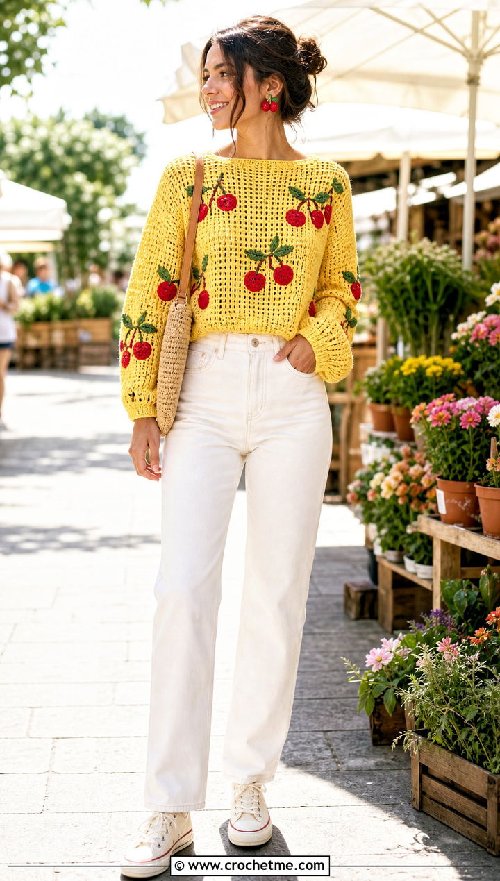 Fruit Motif Tapestry Crochet Jumper With White Denim - 30 Tapestry Crochet Jumper outfit ideas
